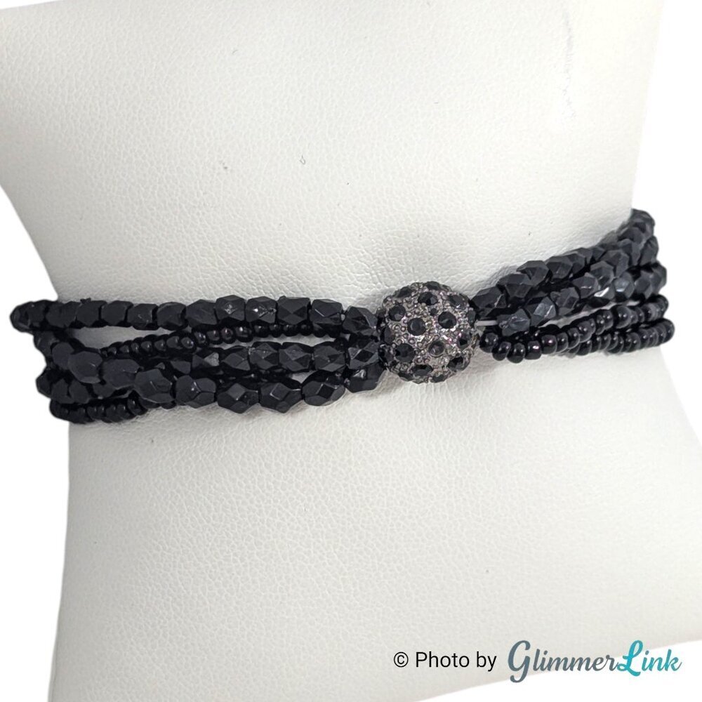 NWT BT Jeweled Black Beaded Stretch Bracelet With Pave Accent Multi Strand